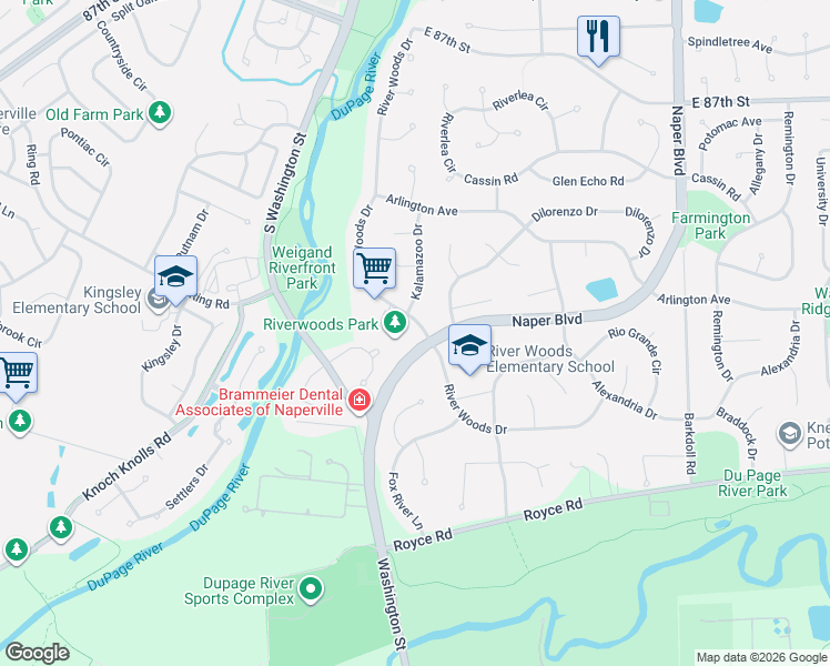 map of restaurants, bars, coffee shops, grocery stores, and more near 47 Rock River Court in Naperville