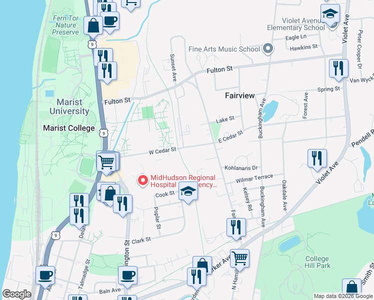 map of restaurants, bars, coffee shops, grocery stores, and more near 26 West Cedar Street in Poughkeepsie
