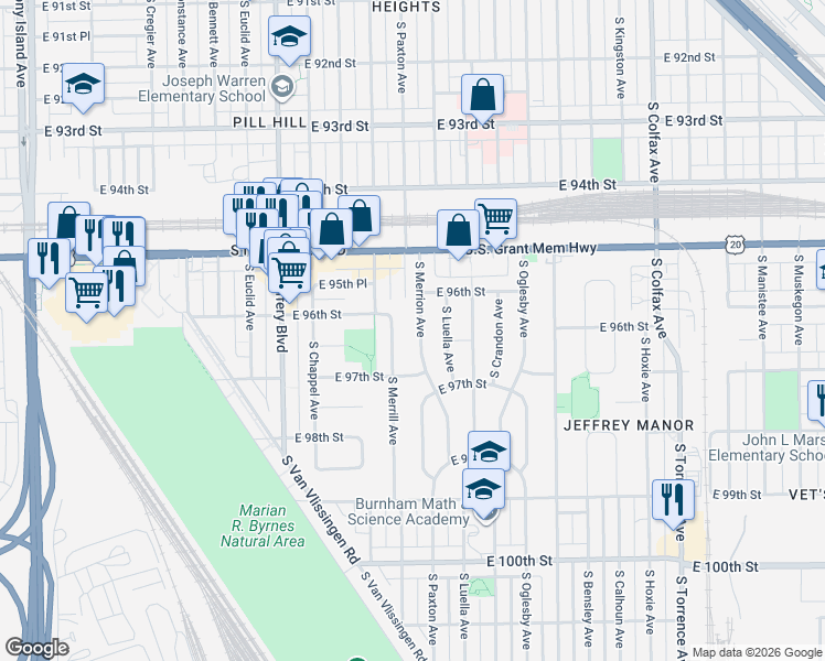 map of restaurants, bars, coffee shops, grocery stores, and more near 9658 South Merrion Avenue in Chicago