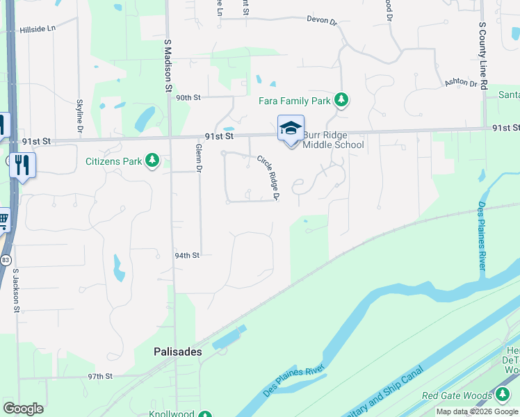 map of restaurants, bars, coffee shops, grocery stores, and more near 113 Oak Ridge Drive West in Burr Ridge