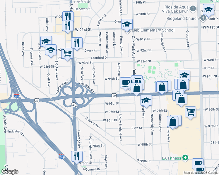 map of restaurants, bars, coffee shops, grocery stores, and more near 6950 Frontage Road in Oak Lawn