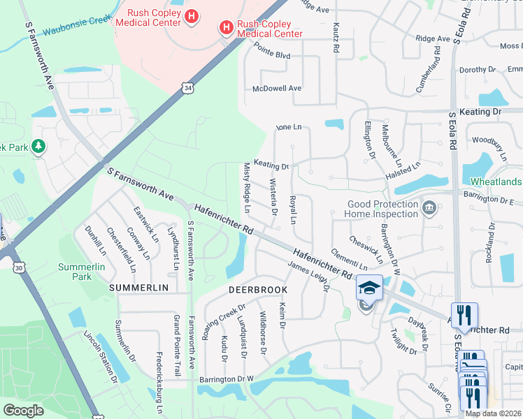 map of restaurants, bars, coffee shops, grocery stores, and more near 2014 Misty Ridge Lane in Aurora