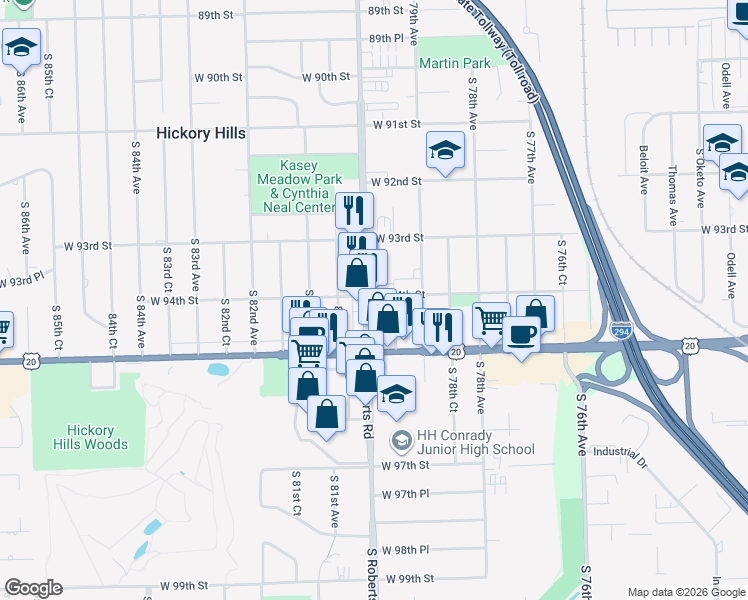 map of restaurants, bars, coffee shops, grocery stores, and more near 9421 South Roberts Road in Hickory Hills