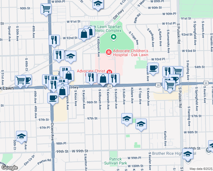 map of restaurants, bars, coffee shops, grocery stores, and more near 4440 West 95th Street in Oak Lawn