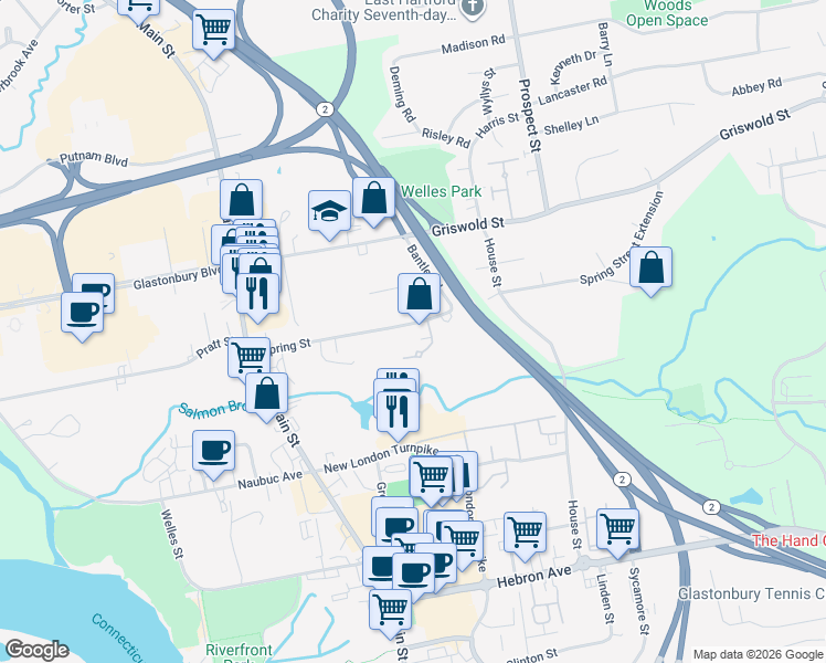 map of restaurants, bars, coffee shops, grocery stores, and more near 18 Cooper Drive in Glastonbury