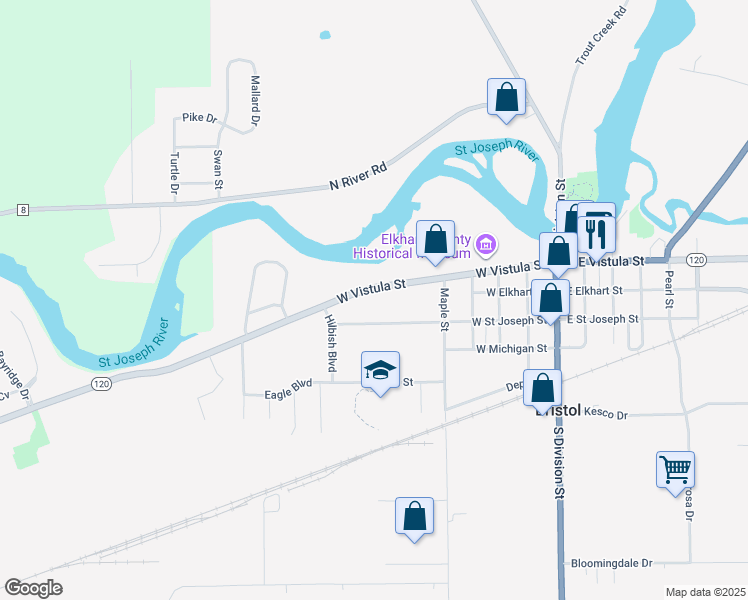 map of restaurants, bars, coffee shops, grocery stores, and more near 708 W Vistula St in Bristol