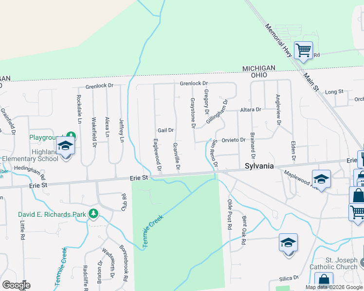 map of restaurants, bars, coffee shops, grocery stores, and more near 7316 Guild Court in Sylvania