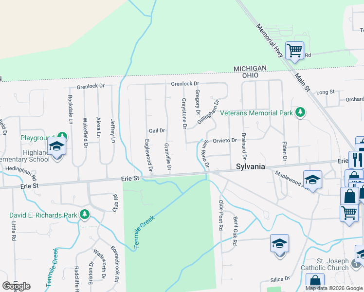 map of restaurants, bars, coffee shops, grocery stores, and more near 7316 Guild Court in Sylvania