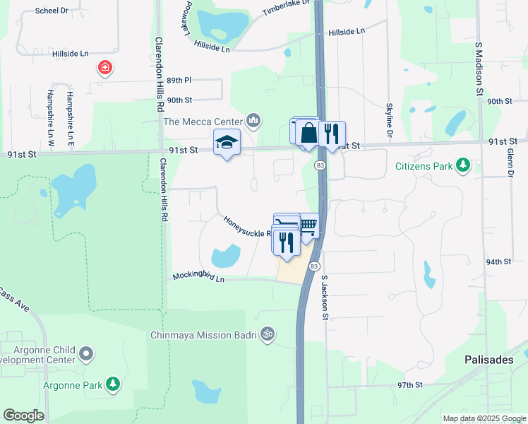 map of restaurants, bars, coffee shops, grocery stores, and more near 16W450 Honeysuckle Rose Lane in Willowbrook