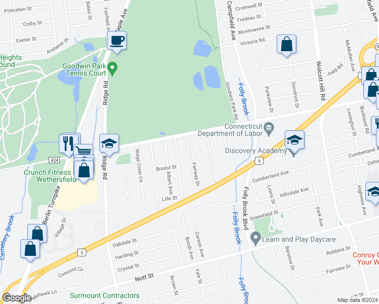 map of restaurants, bars, coffee shops, grocery stores, and more near 33 Tabshey Court in Wethersfield