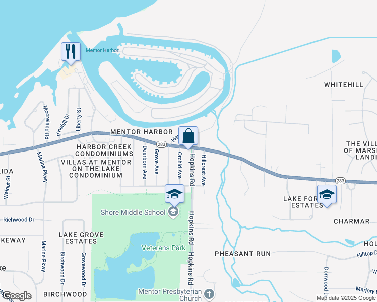 map of restaurants, bars, coffee shops, grocery stores, and more near 7685 Lakeshore Boulevard in Mentor