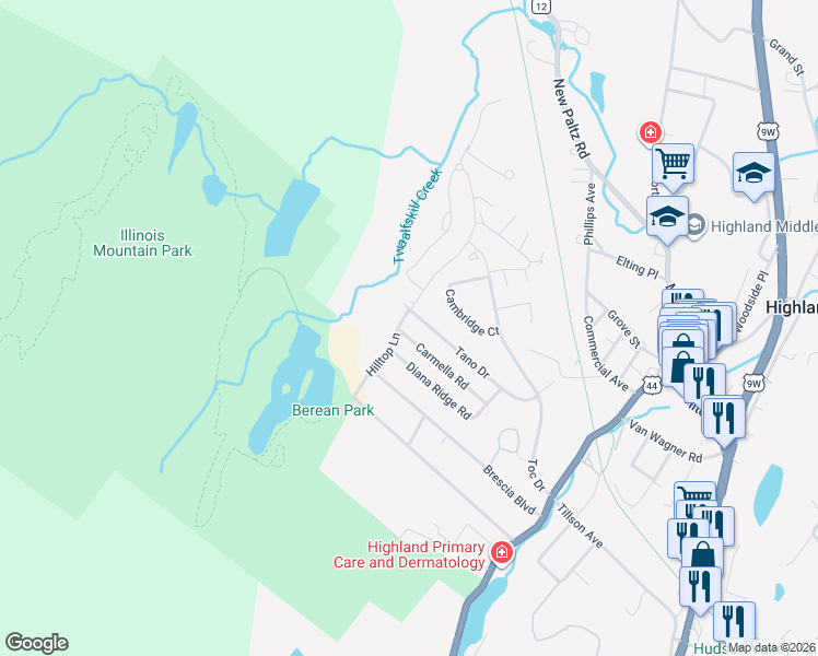 map of restaurants, bars, coffee shops, grocery stores, and more near 20 Carmella Road in Highland
