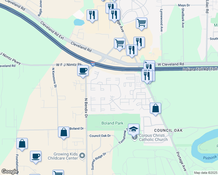 map of restaurants, bars, coffee shops, grocery stores, and more near 3357 Ash Maple Court in South Bend