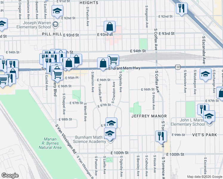 map of restaurants, bars, coffee shops, grocery stores, and more near 9610 South Crandon Avenue in Chicago