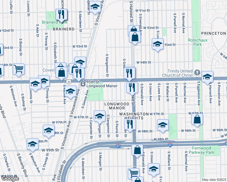 map of restaurants, bars, coffee shops, grocery stores, and more near 9511 South Sangamon Street in Chicago