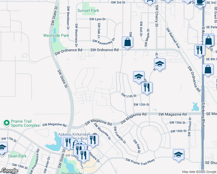 map of restaurants, bars, coffee shops, grocery stores, and more near 1169 Southwest Ordnance Road in Ankeny