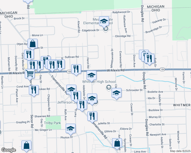 map of restaurants, bars, coffee shops, grocery stores, and more near 5700 Whitmer Drive in Toledo