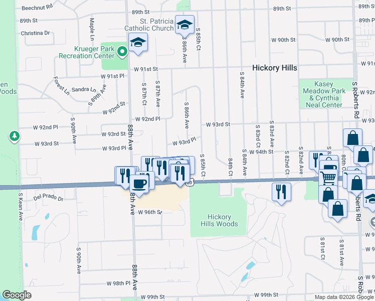 map of restaurants, bars, coffee shops, grocery stores, and more near 8610 West 93rd Place in Hickory Hills