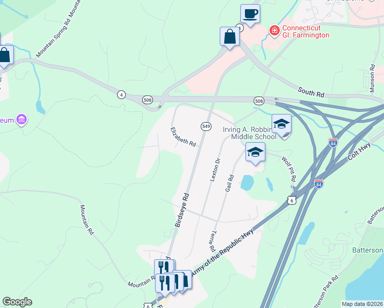 map of restaurants, bars, coffee shops, grocery stores, and more near 3 Irene Lane in Farmington