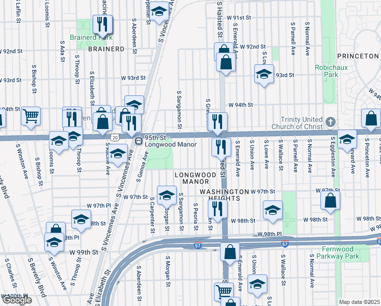 map of restaurants, bars, coffee shops, grocery stores, and more near 9511 South Sangamon Street in Chicago