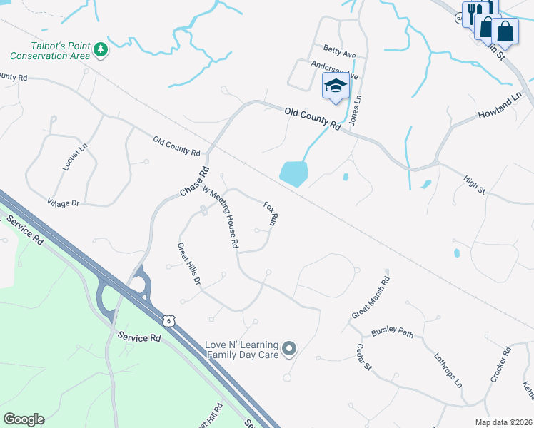 map of restaurants, bars, coffee shops, grocery stores, and more near 11 Fox Run in Sandwich