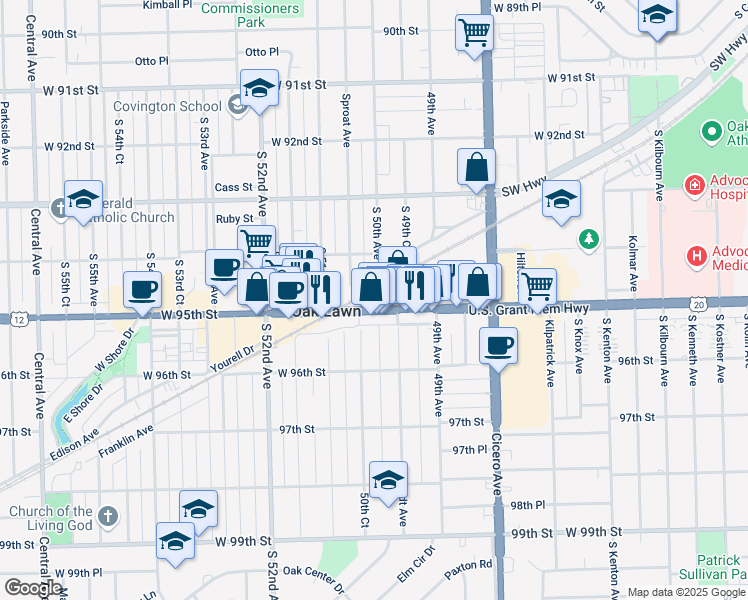 map of restaurants, bars, coffee shops, grocery stores, and more near 4941 Columbus Drive in Oak Lawn