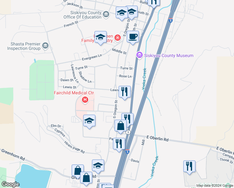 map of restaurants, bars, coffee shops, grocery stores, and more near 1214 South Oregon Street in Yreka