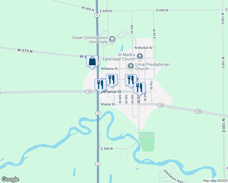 map of restaurants, bars, coffee shops, grocery stores, and more near 501 7th Street in Howe
