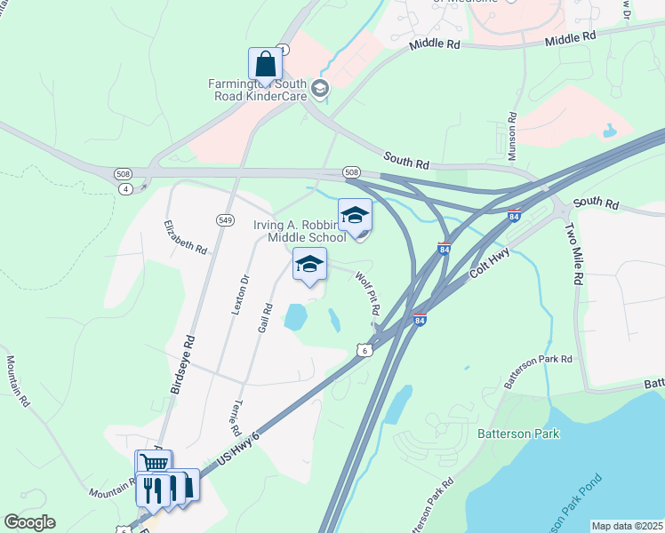 map of restaurants, bars, coffee shops, grocery stores, and more near 20 Wolf Pit Road in Farmington