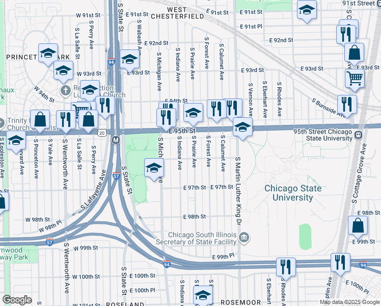 map of restaurants, bars, coffee shops, grocery stores, and more near 9546 South Prairie Avenue in Chicago