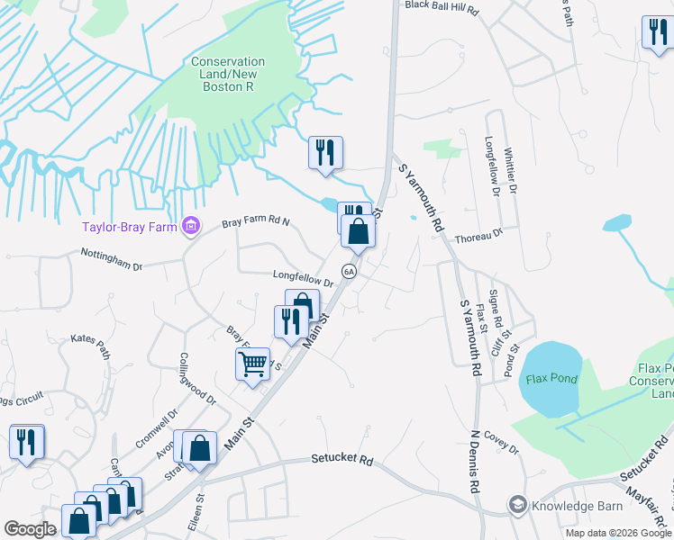 map of restaurants, bars, coffee shops, grocery stores, and more near 120 Main Street in Dennis