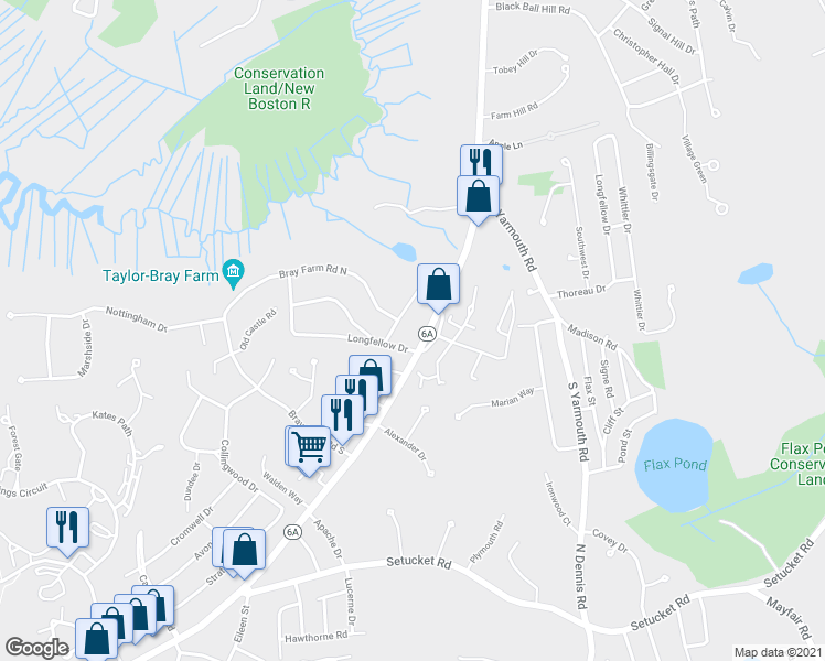 map of restaurants, bars, coffee shops, grocery stores, and more near 1014 Massachusetts 6A in Yarmouth