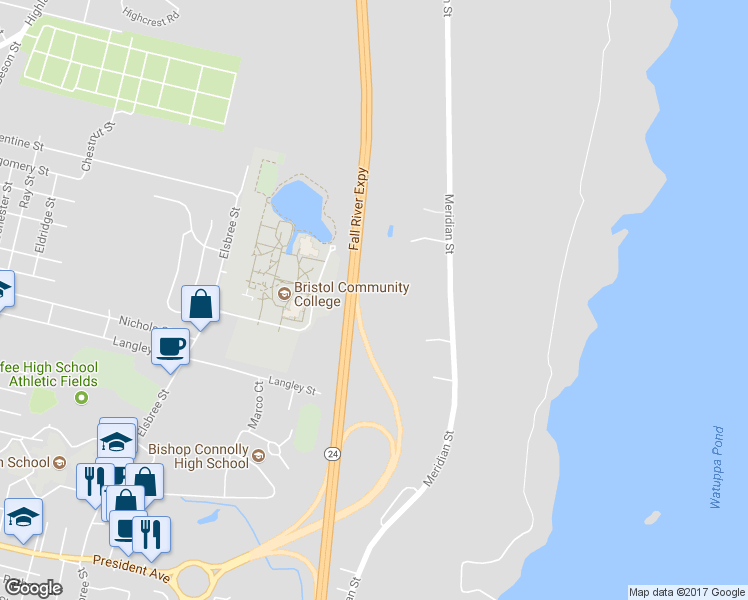 map of restaurants, bars, coffee shops, grocery stores, and more near 1184 Watkins Street in Fall River