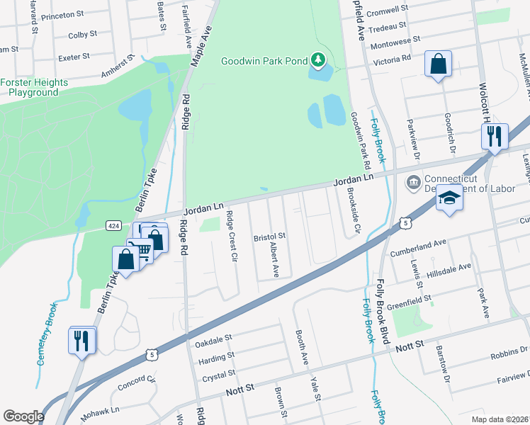 map of restaurants, bars, coffee shops, grocery stores, and more near 495 Jordan Lane in Wethersfield