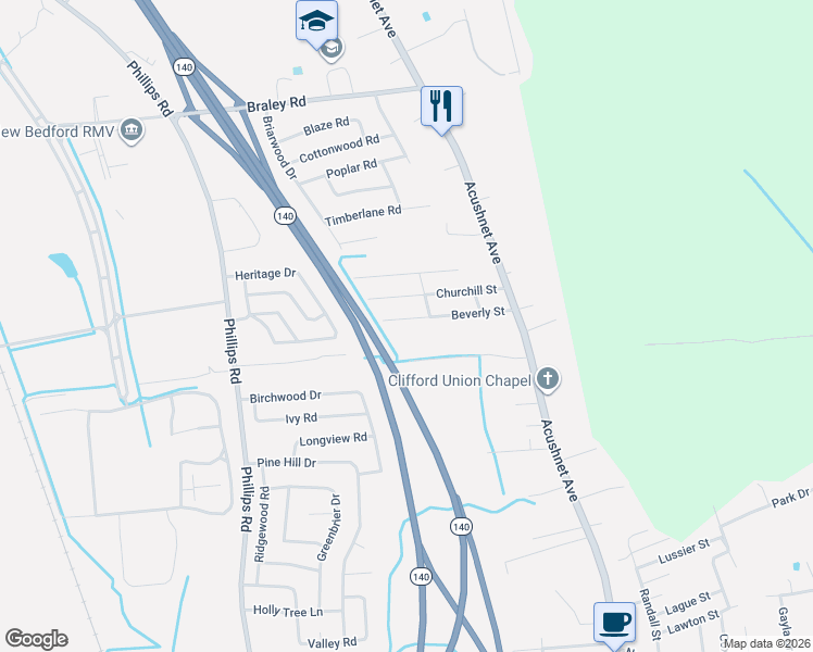 map of restaurants, bars, coffee shops, grocery stores, and more near 515 Barnard Street in New Bedford