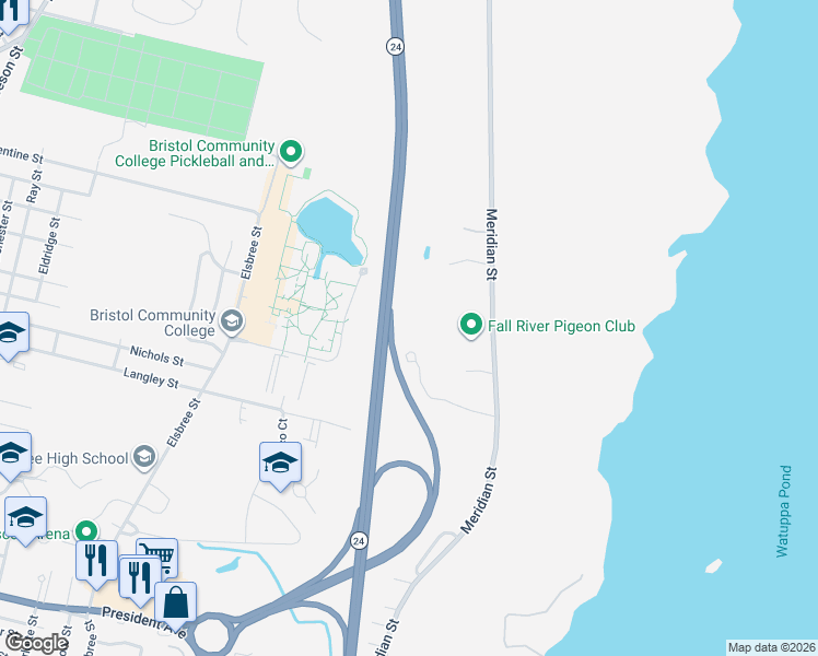 map of restaurants, bars, coffee shops, grocery stores, and more near 1184 Watkins Street in Fall River