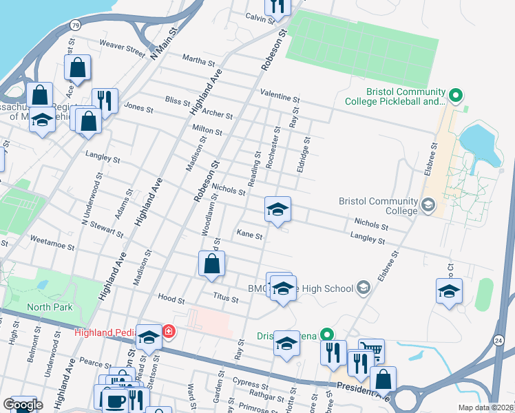 map of restaurants, bars, coffee shops, grocery stores, and more near 182 Nichols Street in Fall River