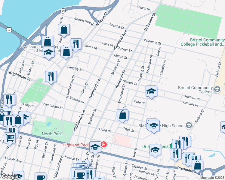 map of restaurants, bars, coffee shops, grocery stores, and more near 405 Langley Street in Fall River