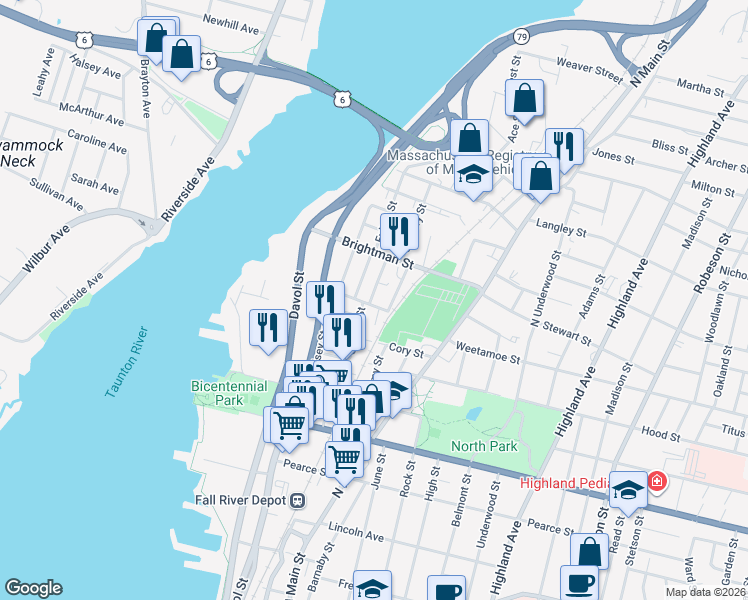 map of restaurants, bars, coffee shops, grocery stores, and more near 44 Morton Street in Fall River