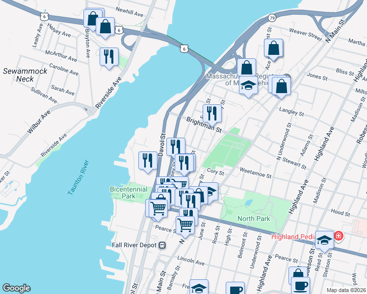 map of restaurants, bars, coffee shops, grocery stores, and more near 337 Lindsey Street in Fall River