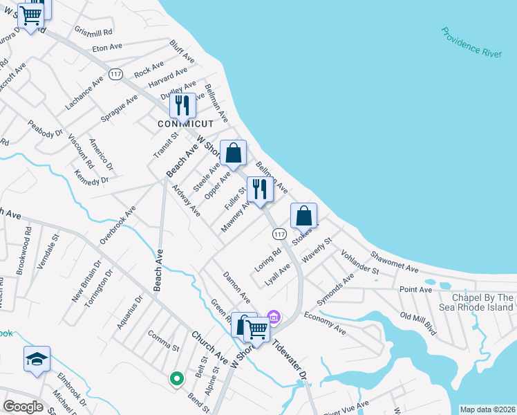 map of restaurants, bars, coffee shops, grocery stores, and more near 903 West Shore Road in Warwick