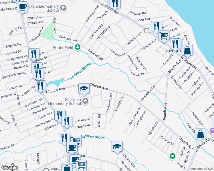 map of restaurants, bars, coffee shops, grocery stores, and more near 108 Jennie Lane in Warwick