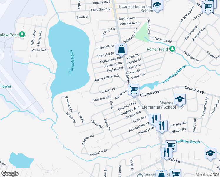 map of restaurants, bars, coffee shops, grocery stores, and more near 18 Greenpost Lane in Warwick
