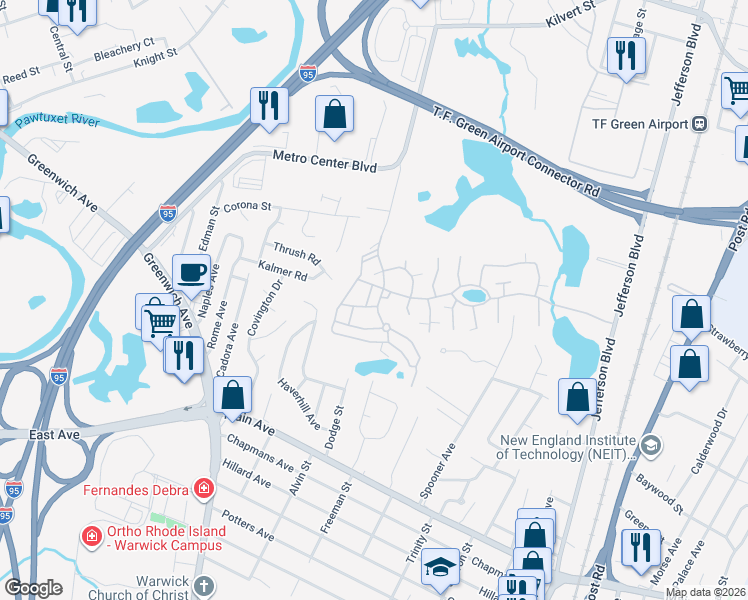 map of restaurants, bars, coffee shops, grocery stores, and more near 988 Great Hill Drive in Warwick