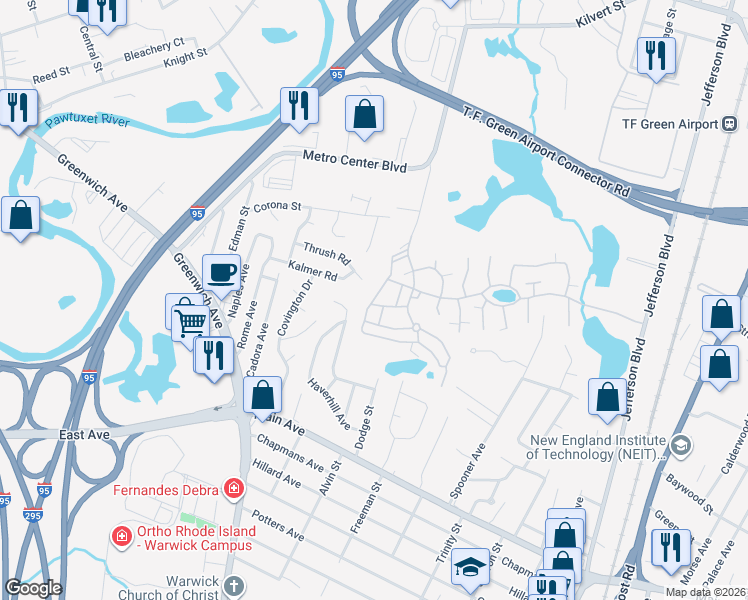 map of restaurants, bars, coffee shops, grocery stores, and more near 61 Thrush Road in Warwick
