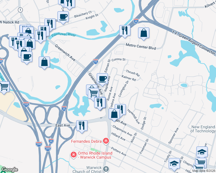 map of restaurants, bars, coffee shops, grocery stores, and more near 95 Rome Avenue in Warwick