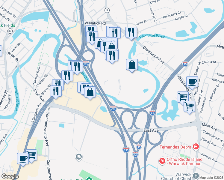 map of restaurants, bars, coffee shops, grocery stores, and more near 303 Greenwich Avenue in Warwick