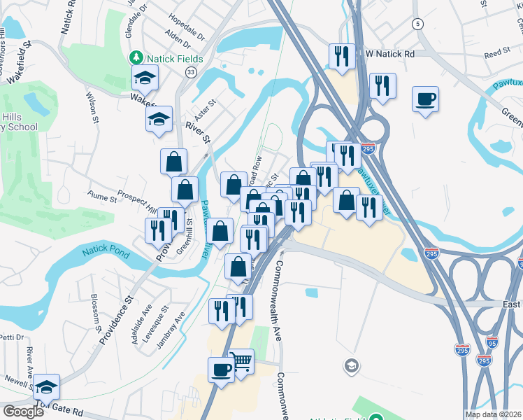 map of restaurants, bars, coffee shops, grocery stores, and more near 76 Railroad Row in Warwick