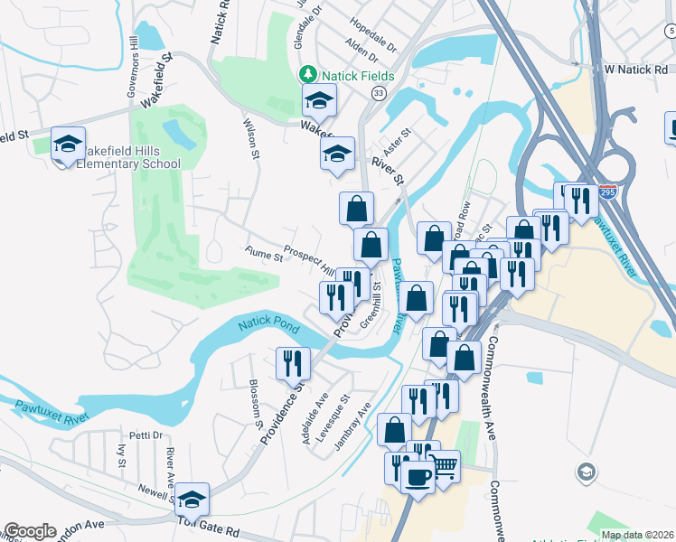map of restaurants, bars, coffee shops, grocery stores, and more near 1 McTeers Court in West Warwick