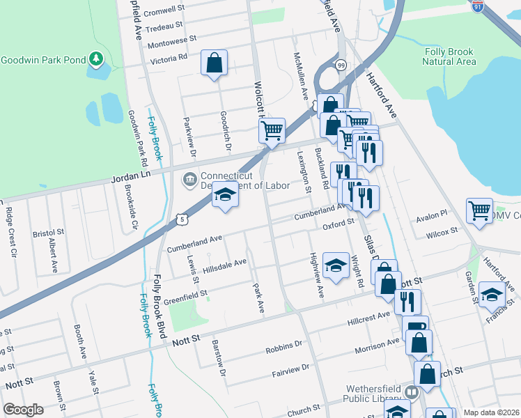 map of restaurants, bars, coffee shops, grocery stores, and more near in Wethersfield